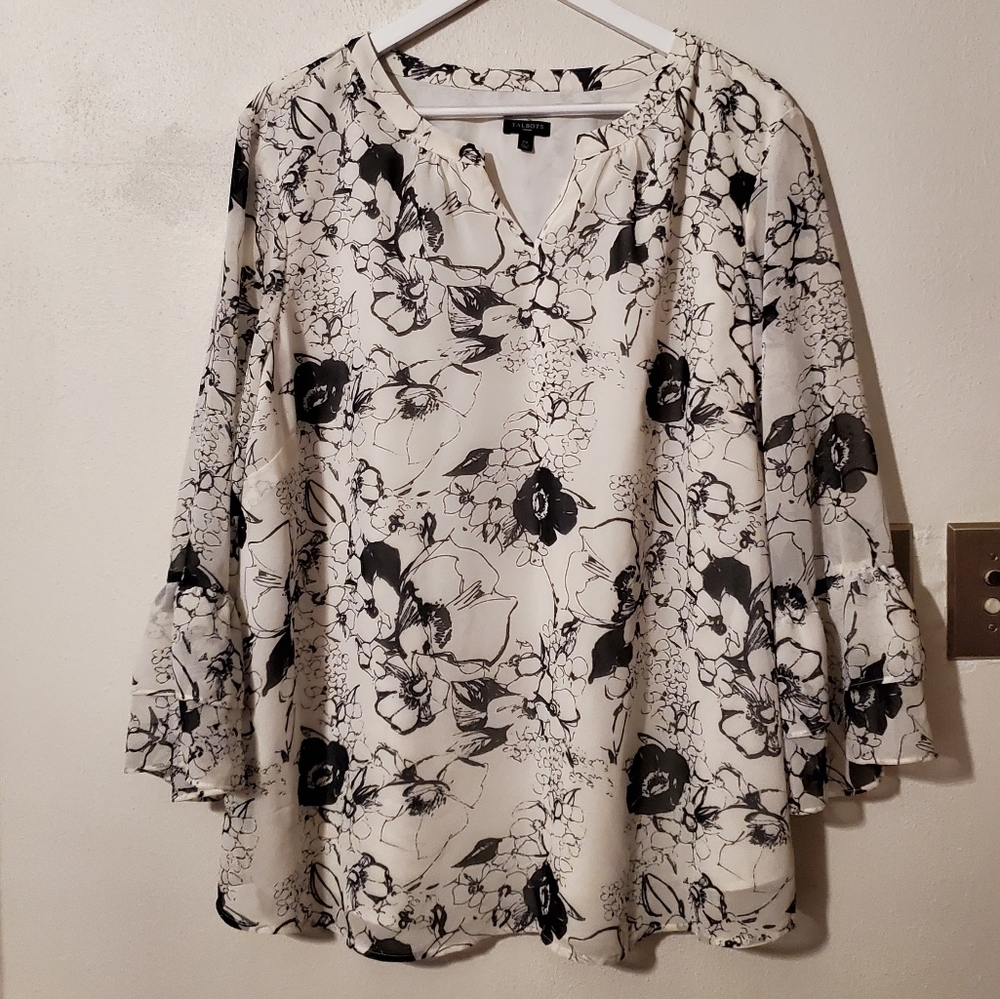 Talbots sheer overlay top with bell-shaped sleeves - cream & black